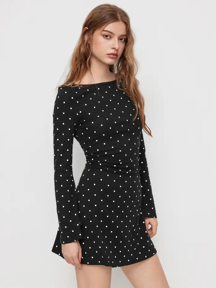 Cotton-blend Boat Neck Polka Dot Ruched Bell Sleeve Mini Dress | Cider