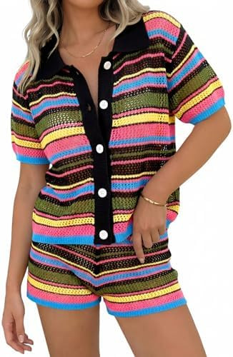 Tankaneo Womens 2 Piece Sweater Shorts Sets Knit Color Block Summer Outfits Short Sleeve Tops Cov... | Amazon (US)