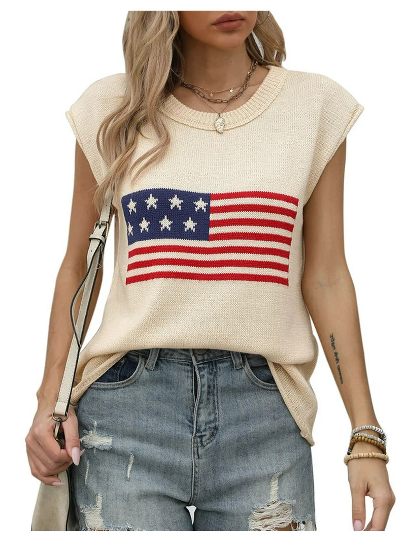 American Flag Graphic Sweater Vest for Women Summer Lightweight Knitted Sweaters Crew Neck Cap Sl... | Walmart (US)