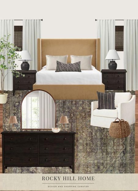 Camel, black and white bedroom design. Crate and Barrel camel brown upholstered storage bed, studio McGee chair, basket, pottery barn farmhouse dresser and nightstands, jake Arnold rattan lamps, maple tree, amber interiors rug, affordable black lamps, white curtains, arched mirror 

#LTKstyletip #LTKhome