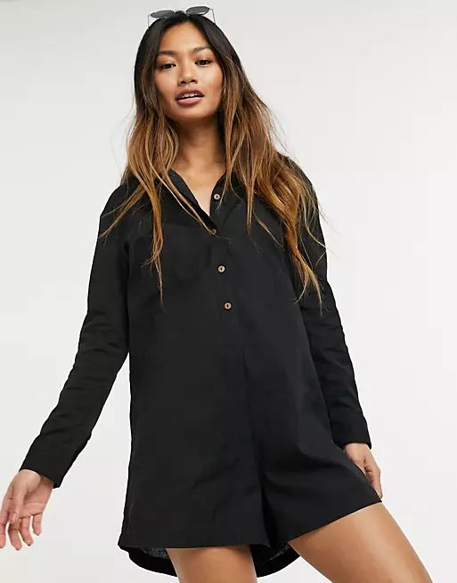 Esmee Exclusive beach button down long sleeve romper in black | ASOS (Global)