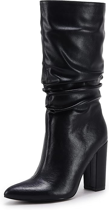 Syktkmx Womens Winter Slouchy High Heel Boots Mid Calf Suede Slip on Chunky Block Pointed Toe Boo... | Amazon (US)