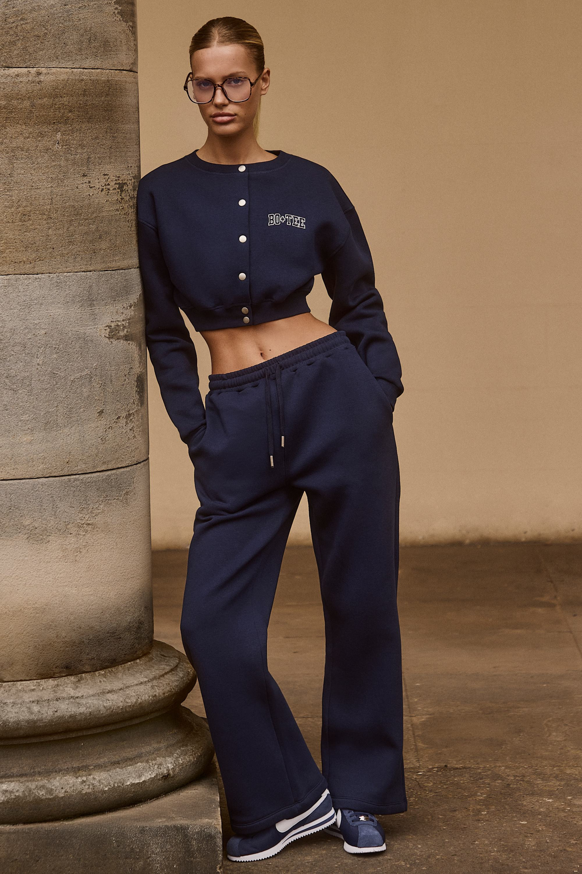 Premium Brushed Jersey Wide-Leg Joggers in Classic Navy | Oh Polly