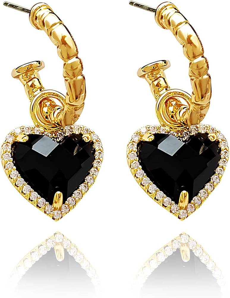 Trendy Black Heart Rhinestone Hoop Earrings,Drop Dangle Earrings for Women | Amazon (US)