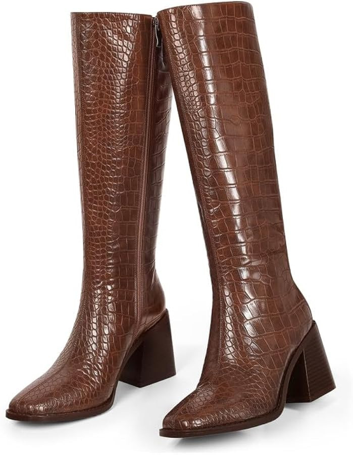 MUCCCUTE Knee High Boots for Women - Chunky Heel Square Toe Boots Side Zipper PU with Crocodile P... | Amazon (US)