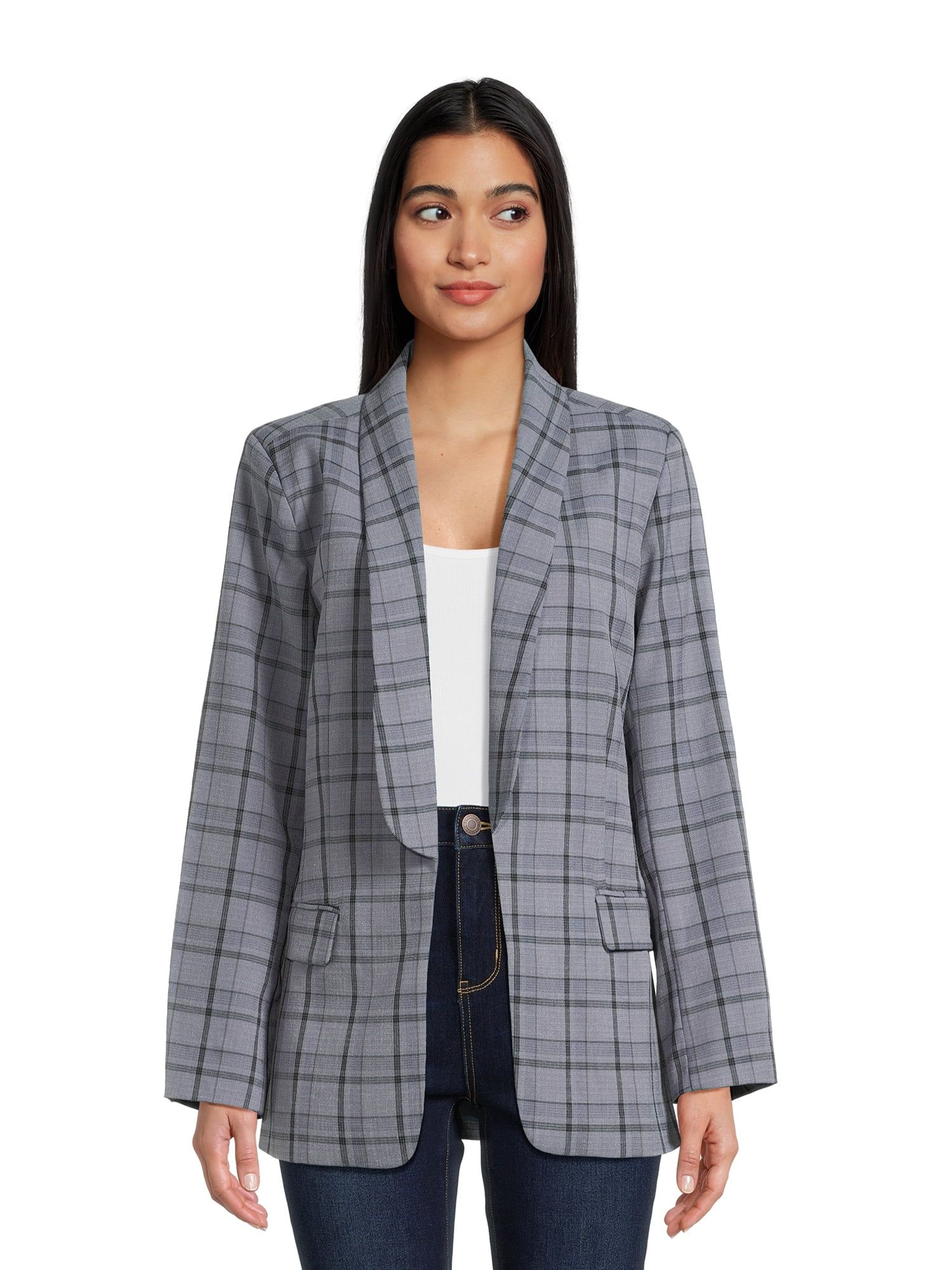 Attitude Unknown Women's Shawl Collar Relaxed Fit Plaid Blazer, Sizes XS-XL | Walmart (US)