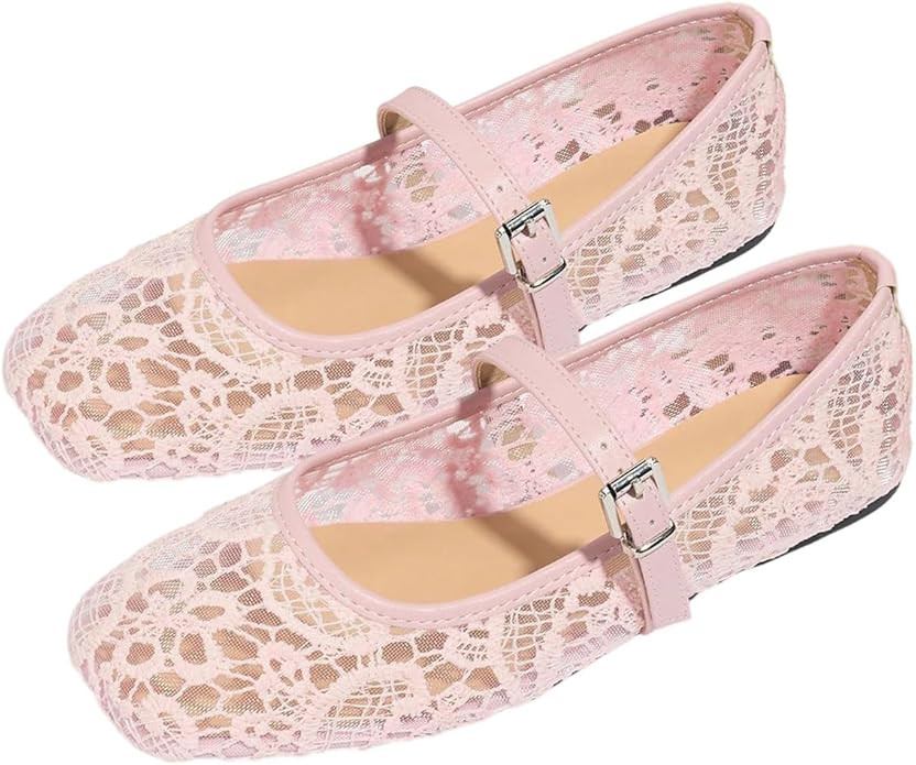 MAKEMECHIC Women's Floral Lace Ballet Flats Square Toe PU Leather Cute Flat Shoes | Amazon (US)