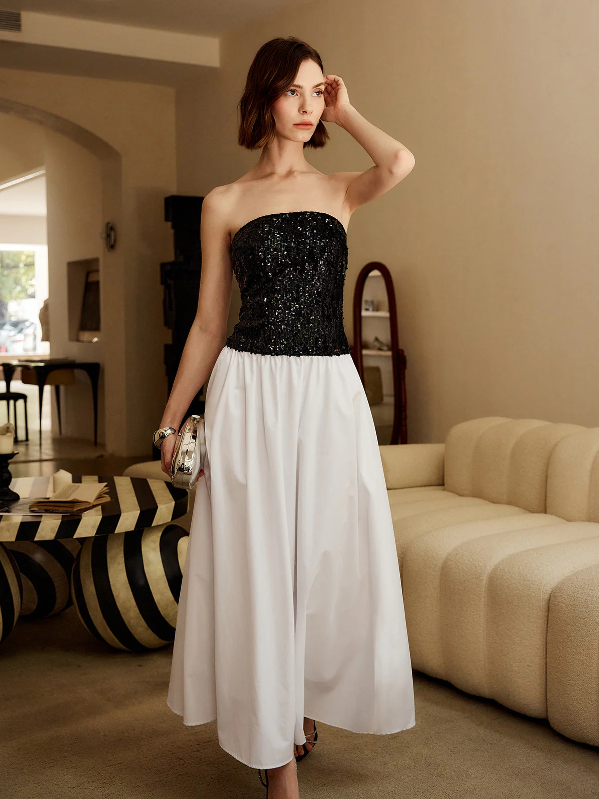 Pleated Sequins Tube Long Dress | Commense