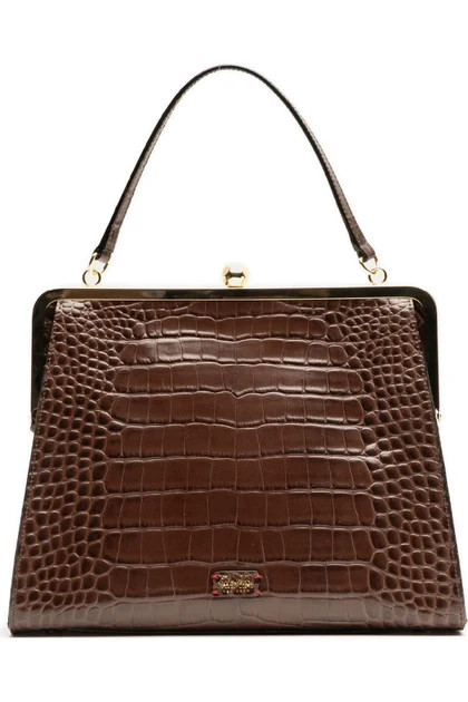 Frances Valentine Jackie Frame Chocolate Croc Embossed Leather Bag | The Willow Tree