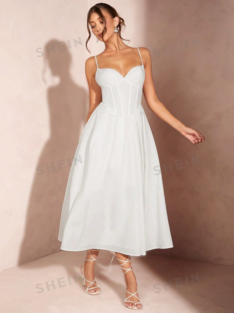 SHEIN BAE Women's White A-Line Midi Dress With Corset Strap, Elegant For Graduation, Wedding, And... | SHEIN