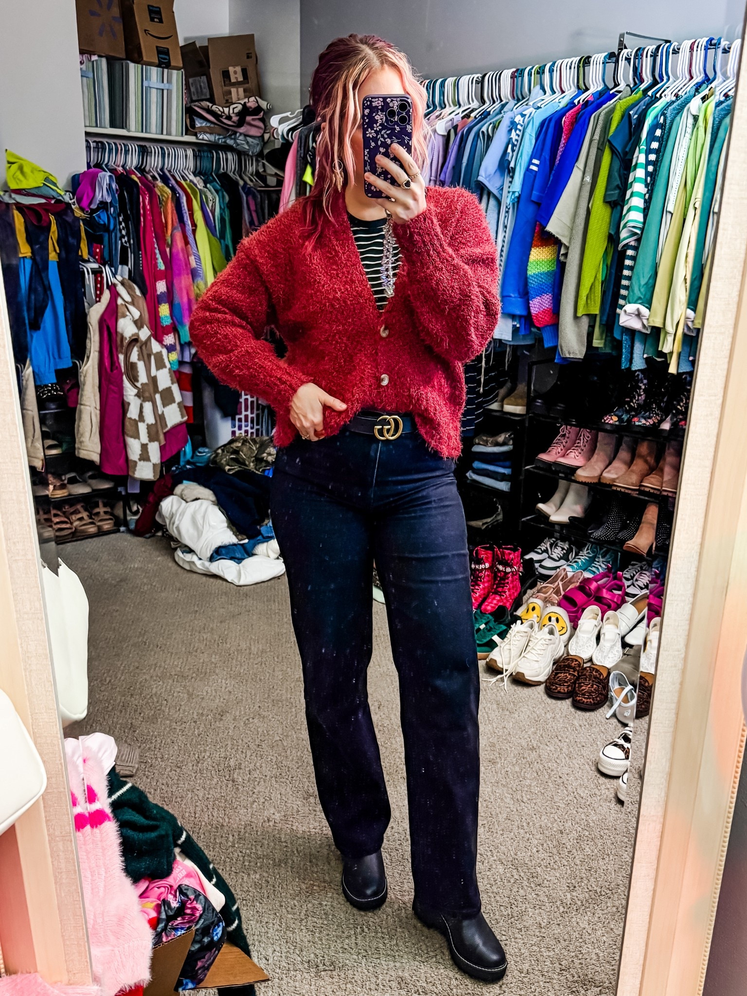 Today’s ootd 
Tee - medium - old navy 
Sweater - small - pink Lily 
Jeans - 8 - Walmart 
Shoes - target 
Belt - Gucci 
Earrings - Walmart 

#LTKPetite #LTKootd #LTKFindsUnder50
