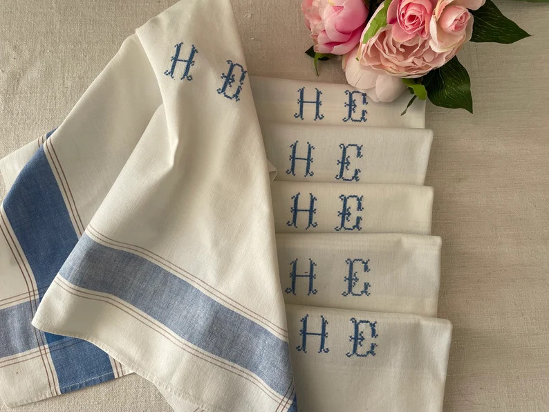 Six Vintage French Napkins Serviettes, Monogram H E, 22.5 X 21 Inches 58 X 53 Cms Hand Embroidere... | Etsy (US)