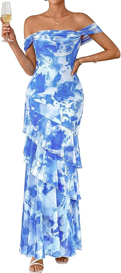 PRETTYGARDEN Women's Formal Cocktail Maxi Dresses 2026 Summer Off Shoulder Floral Mesh Bodycon Sp... | Amazon (US)