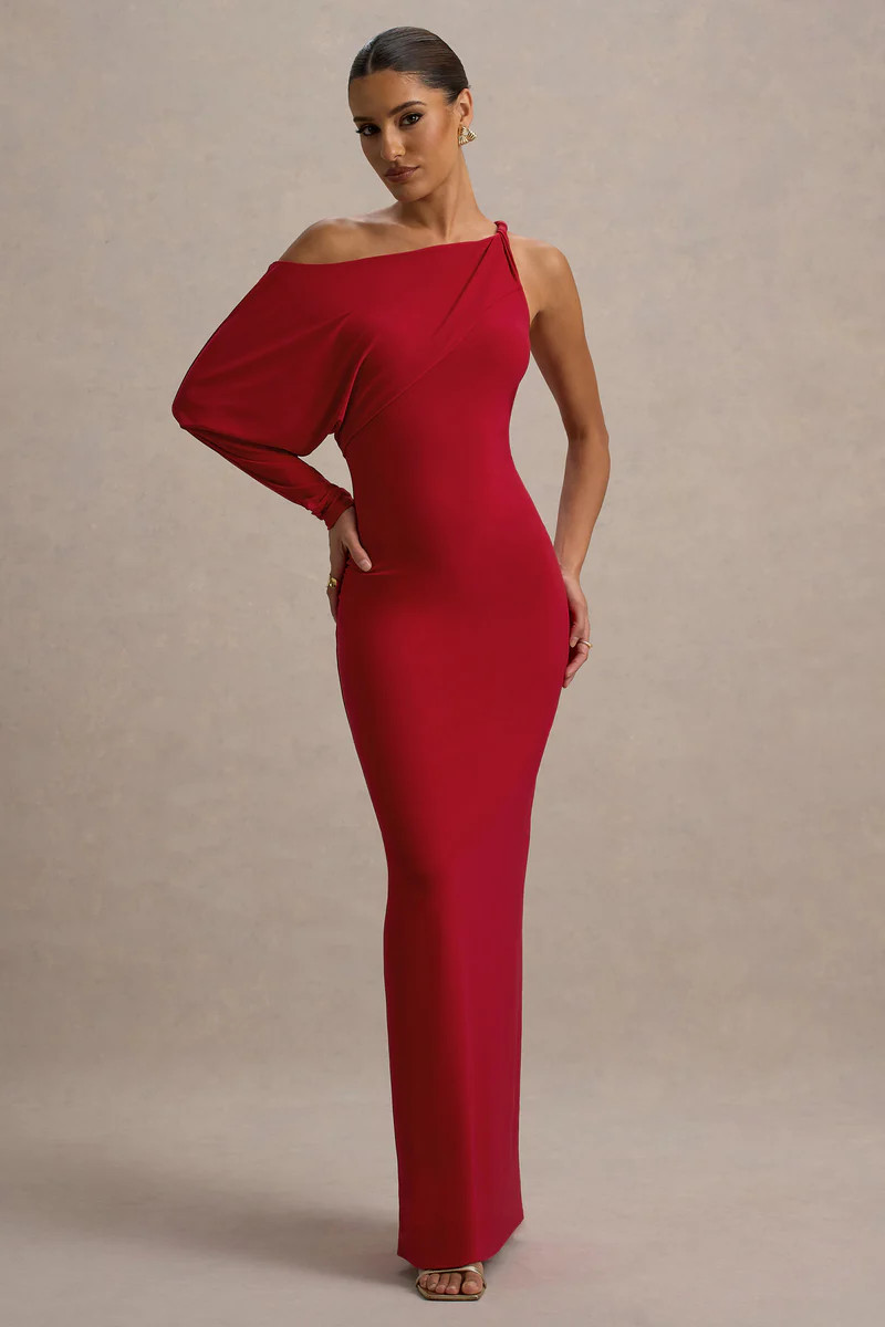 Floria  Red Draped One-Sleeve Maxi Dress | Club L London