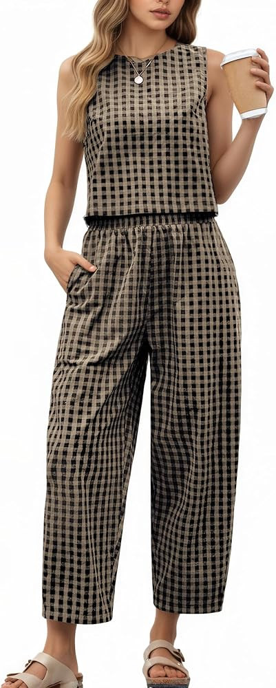 2 Piece Sets For Women 2025 Summer Matching Wide Leg Crop Pants Outfits Travel Vacation Beach Lou... | Amazon (US)