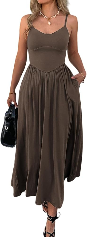 Womens Spaghetti Strap Maxi Dresses Summer Casual Sleeveless A Line Long Flowy Dress with Pockets... | Amazon (US)