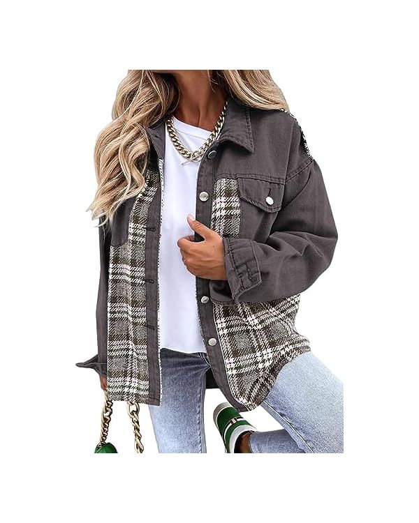 SHEWIN Women's Oversized Denim Jacket Casual Long Sleeve Button Down Plaid Shacket Boyfriend Jean... | Amazon (US)