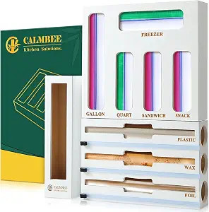 Calmbee 9 in 1 Bamboo Storage Bag Organizer for Kitchen Drawer – Plastic Wrap Dispenser with Cu... | Amazon (US)