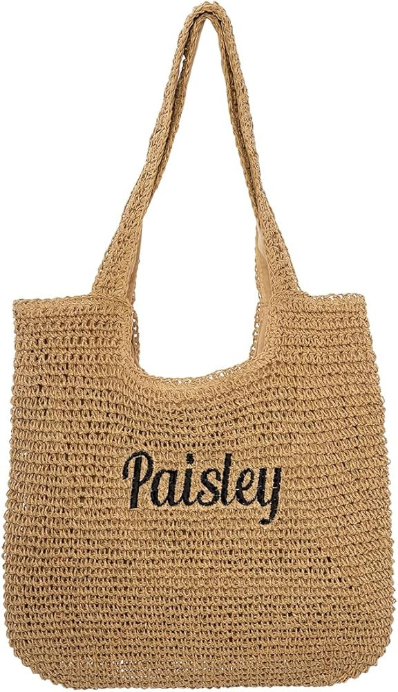 Personalized Straw Beach Bags for Women, Large Tote Bag with Embroidered Name， Lightweight Fold... | Amazon (US)