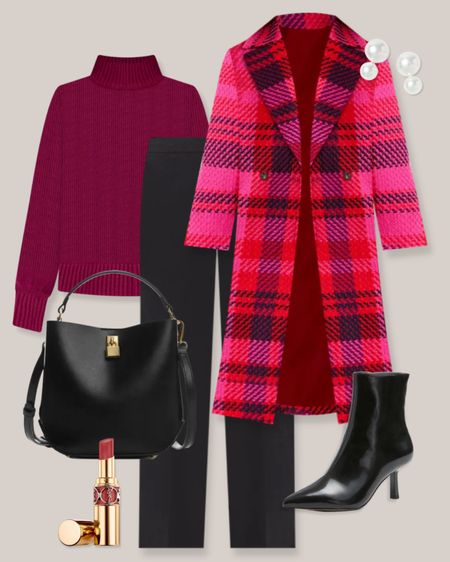 Holiday outfit
Holiday work outfit
Winter work outfit
Winter outfit
Ann Taylor outfit
Business casual outfit
Pink plaid coat
Pink coat
Red coat
Black pants
Purple sweater
Purple turtleneck sweater
Black pants
Black ankle booties
Black ankle boots
Black booties
Black bag
Winter lipstick

#LTKparties #LTKworkwear #LTKSeasonal