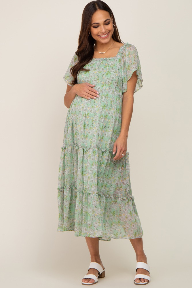 Mint Green Floral Chiffon Tiered Maternity Midi Dress | PinkBlush Maternity