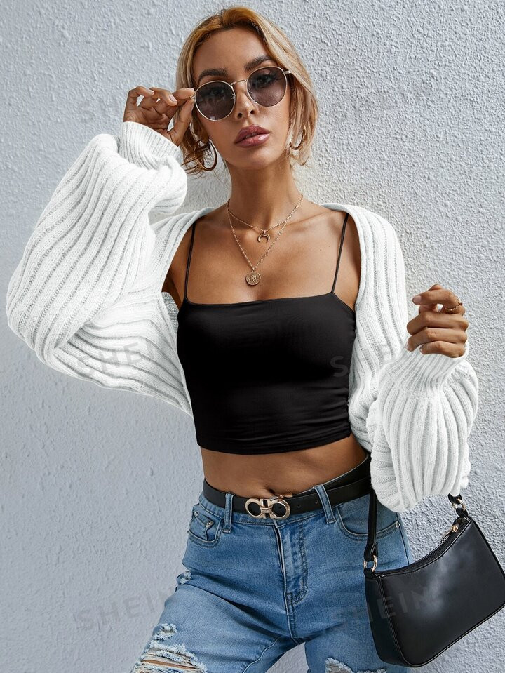 Open Front Ribbed Knit Super Crop Cardigan Without Camisole | SHEIN