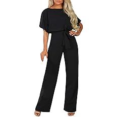 Happy Sailed Women Casual Loose Short Sleeve Belted Wide Leg Pant Romper Jumpsuits | Amazon (US)