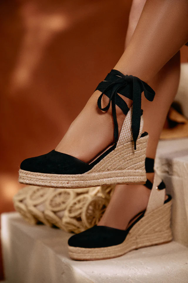 Miss Lola | Tropical Vacay Black Lace Up Platform Espadrille Wedges | MISS LOLA