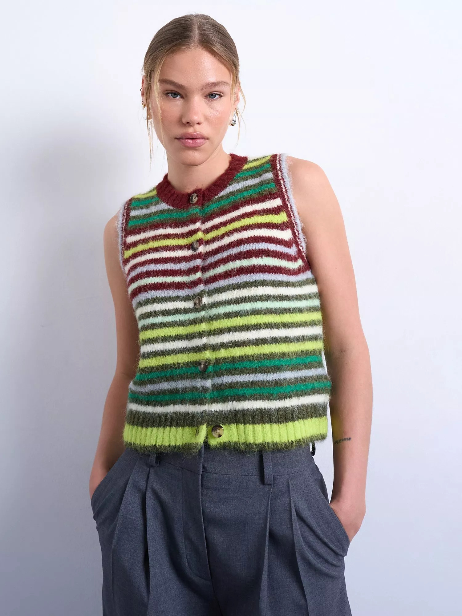 Topshop Stripe Knit Button Tank Top, Multi | John Lewis (UK)