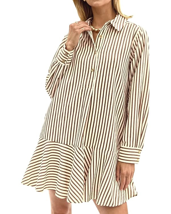 Womens Striped Shirt Mini Dress Long Sleeve Collared Ruffle Hem Button Up Tunic Flowy Swing Dress... | Amazon (US)