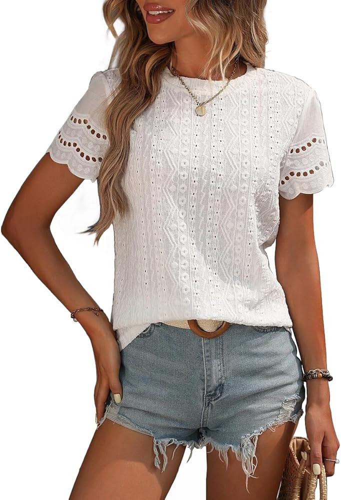 Narecte Womens Shirts,Summer Tops,Eyelet Embroidery T Shirts,Women Blouses Dressy Casual,Short Sl... | Amazon (US)