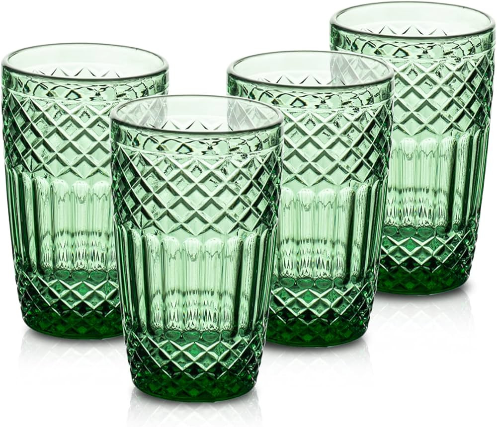 INSETLAN Vintage Green Drinking Glasses Set of 4 Large, Embossed Pattern Water Glassware, Vintage... | Amazon (US)