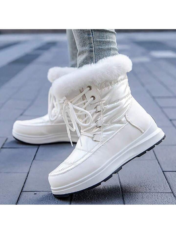 New Winter Women's White Warmth-adding Snow Boots With Increased Height, Thick Soles, Zipper, Cas... | SHEIN