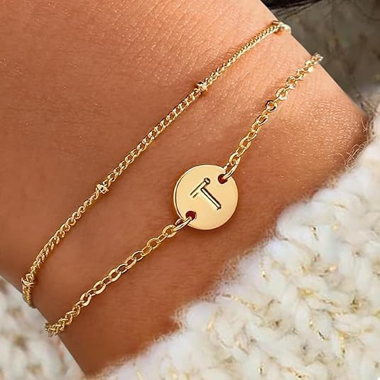 Gold Bracelets for Women Trendy - 18K Gold Plated Letter Initial Bracelet Dainty Disc Monogram Ch... | Amazon (US)