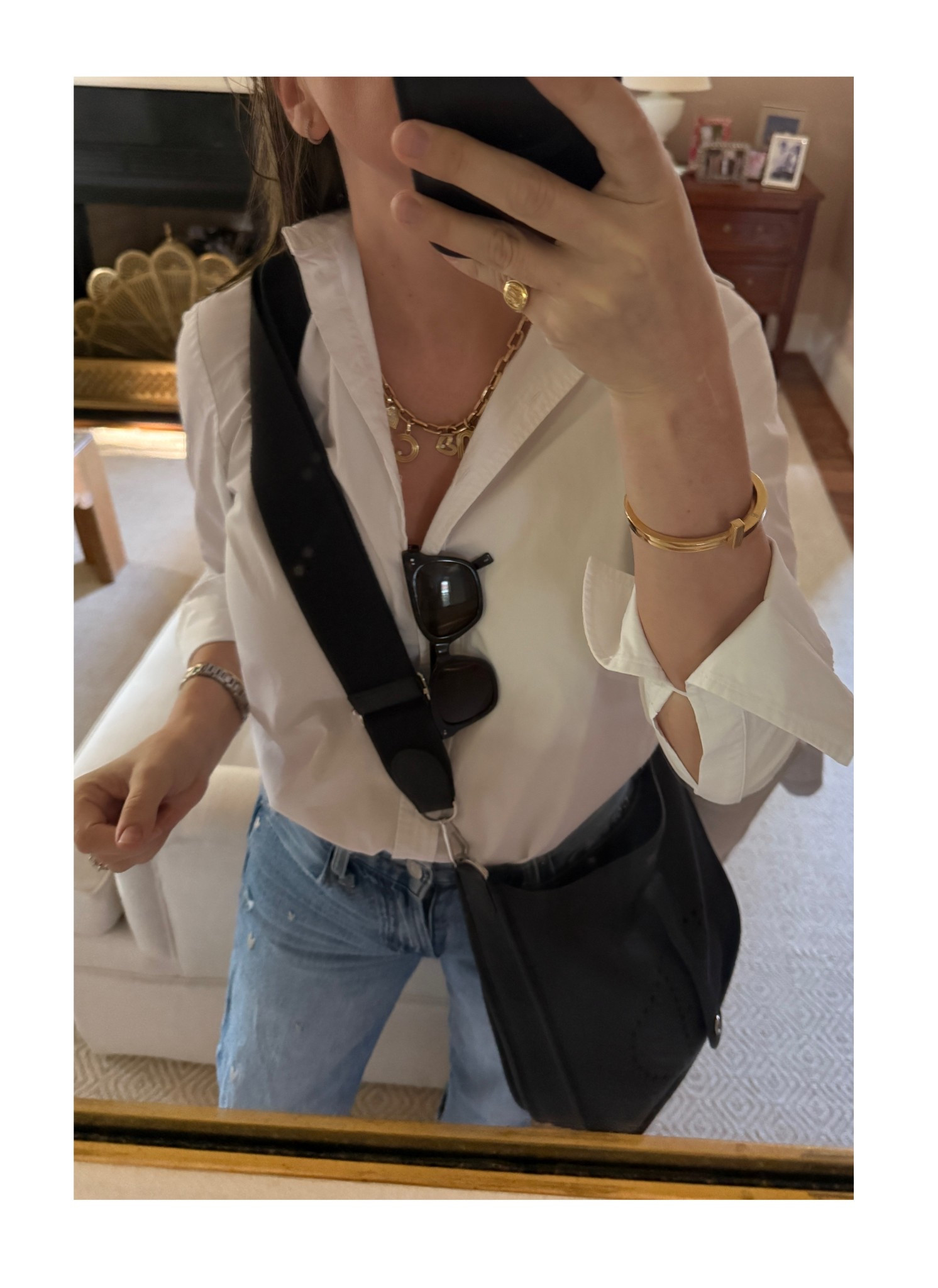 Shirt is by classic six, Donna style. Pinky ring is Aurelia Demark 