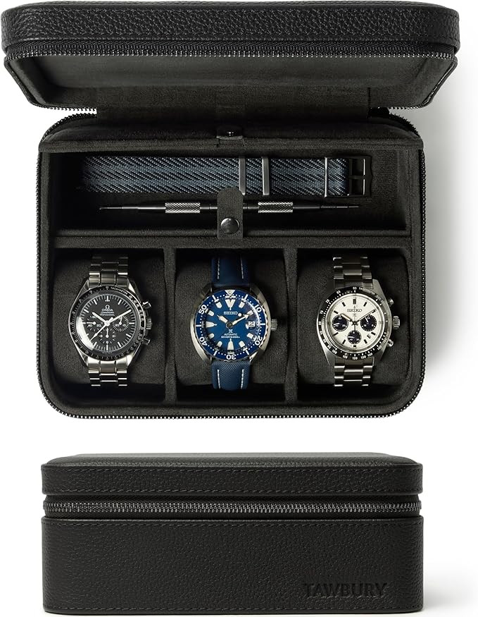 TAWBURY 3 Slot Watch Case Plus Storage – Luxury Leather Watch Travel Case for Men | Black Watch... | Amazon (US)