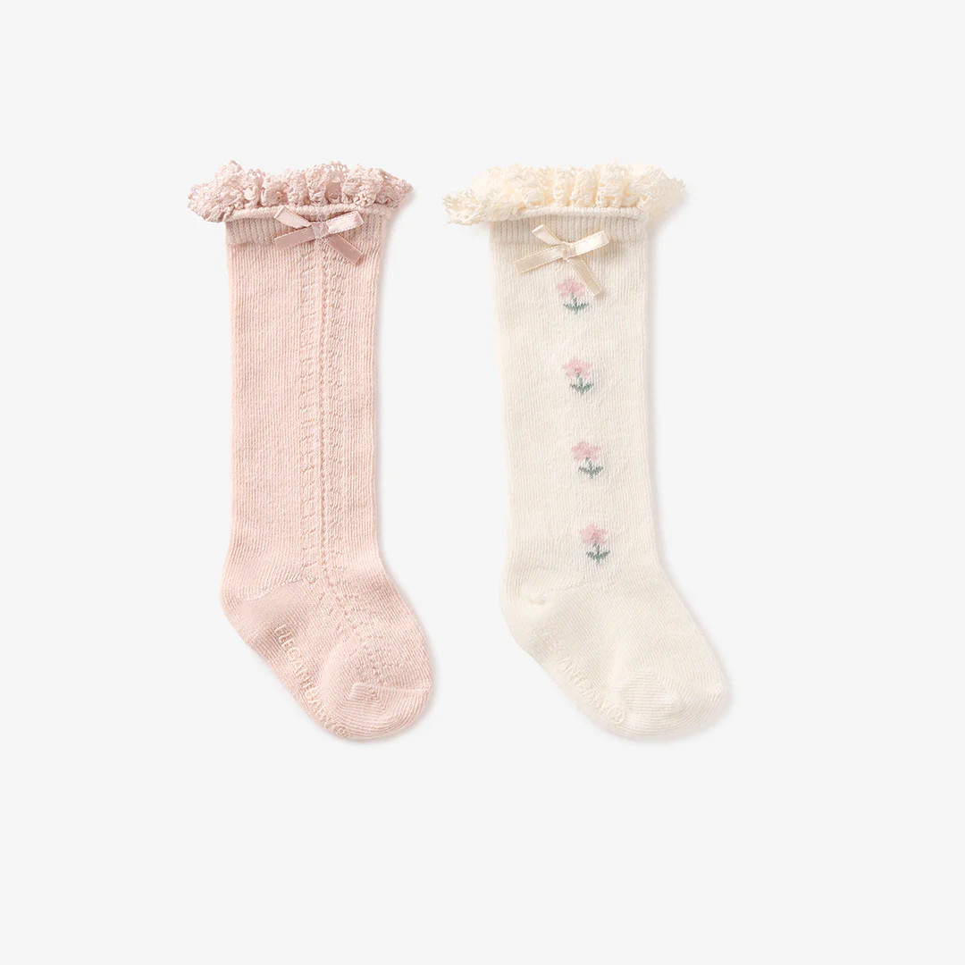 Floral Knee-high Non Slip Baby Socks 2 pack | Elegant Baby