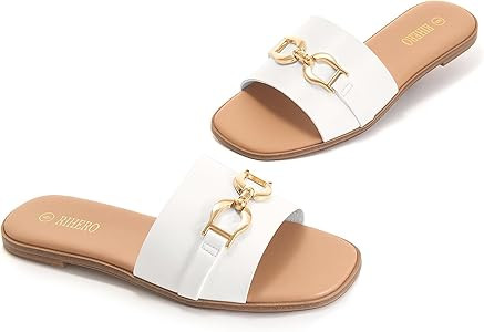 Rihero Women's Flat Sandals Summer Comfortable Square Open Toe Slip On Leather Slide Sandals | Amazon (US)