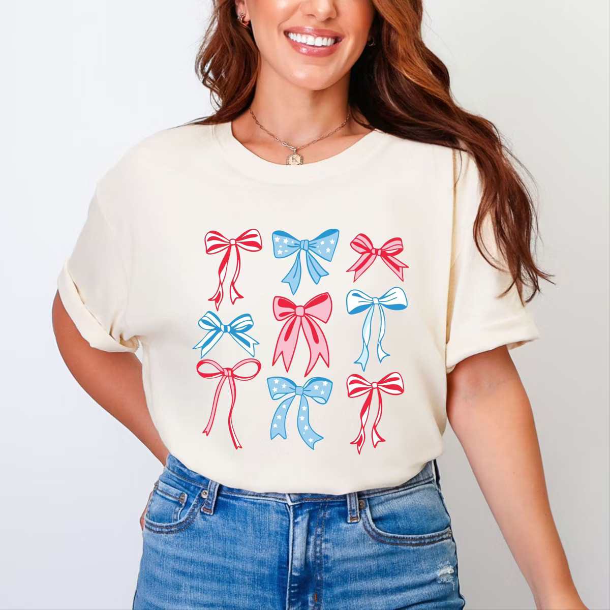 Simply Sage Market Patriotic Bows Stacked Coquette Garment Dyed Tee - S - Ivory | Target