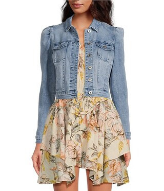 Point Collar Long Puff Shoulder Sleeve Denim Short Statement Jacket | Dillard's