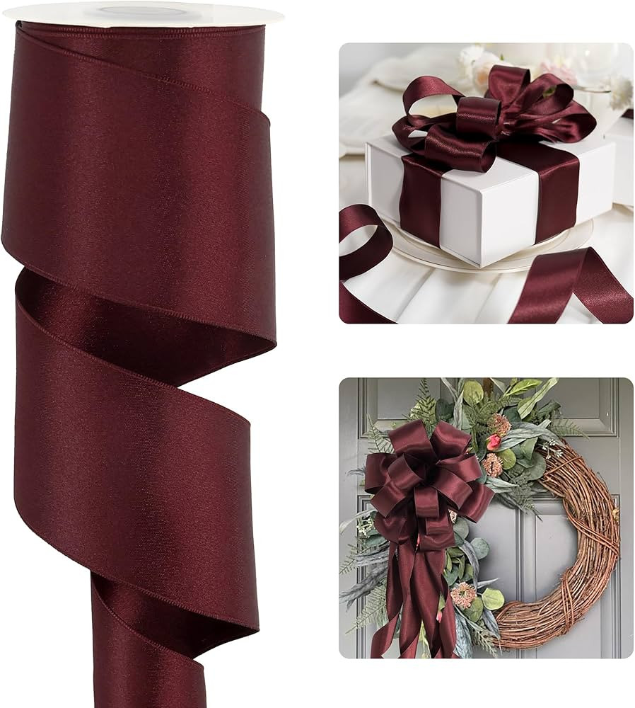 HUIHUANG Burgundy Satin Wired Ribbon 2.5 inch Wine Red Double-Faced Satin Wire Ribbon for Wreaths... | Amazon (US)