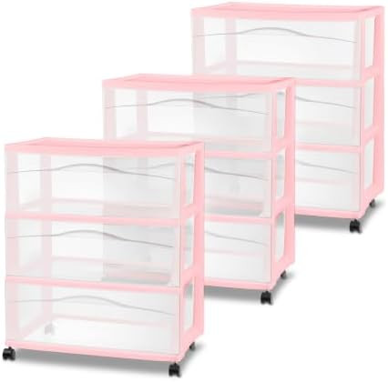 Sterilite 3 Pack Wide 3 Drawer Storage Cart, Rolling Organization, Pink | Amazon (US)