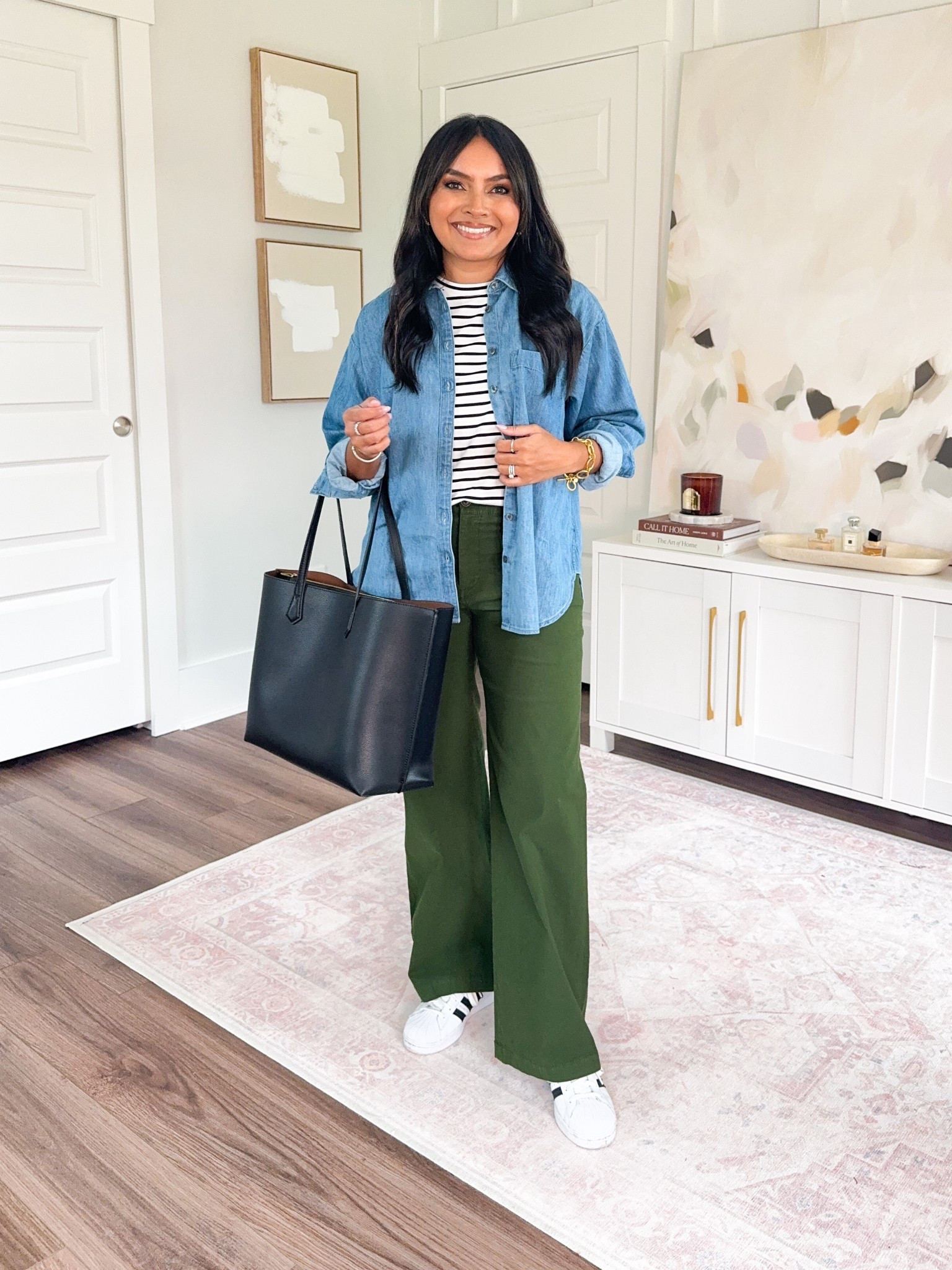 Denim button down shirt size xxs petite TTS - roomy fit so went with the xxs
Black stripe tee size xxs regular TTS
Olive green pants size 26 petite TTS
Black and white sneakers size 5.5 / 6.5 TTS


#LTKPetite #LTKStyleTip #LTKSaleAlert