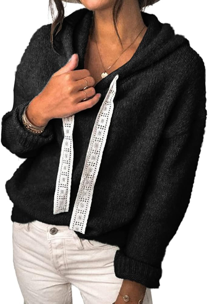 BTFBM Women Casual Sweater Hoodies Lace Drawstring Long Sleeve Knit Pullover Tops Solid Color Stripe | Amazon (US)