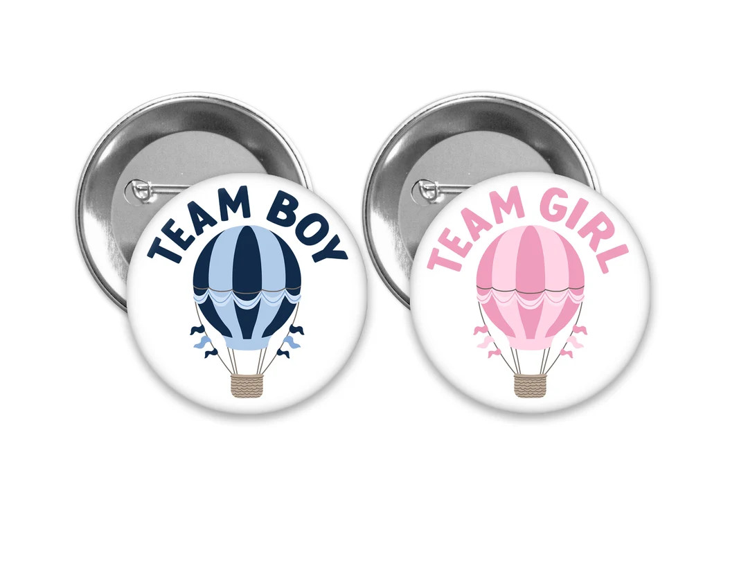 Team Boy and Team Girl Cute Little Hot Air Balloon Gender Reveal Pins With Blush Pink and Navy Bl... | Etsy (US)