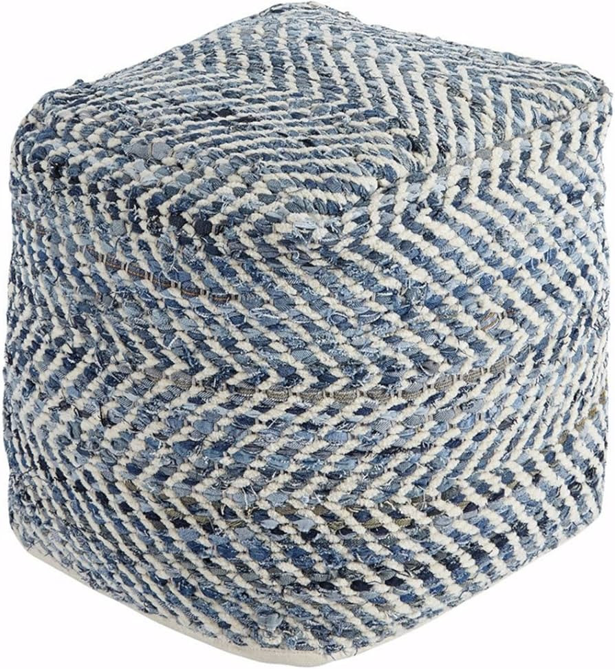 Signature Design by Ashley Chevron Handmade Woven Pouf 18 x 18, Blue and White | Amazon (US)