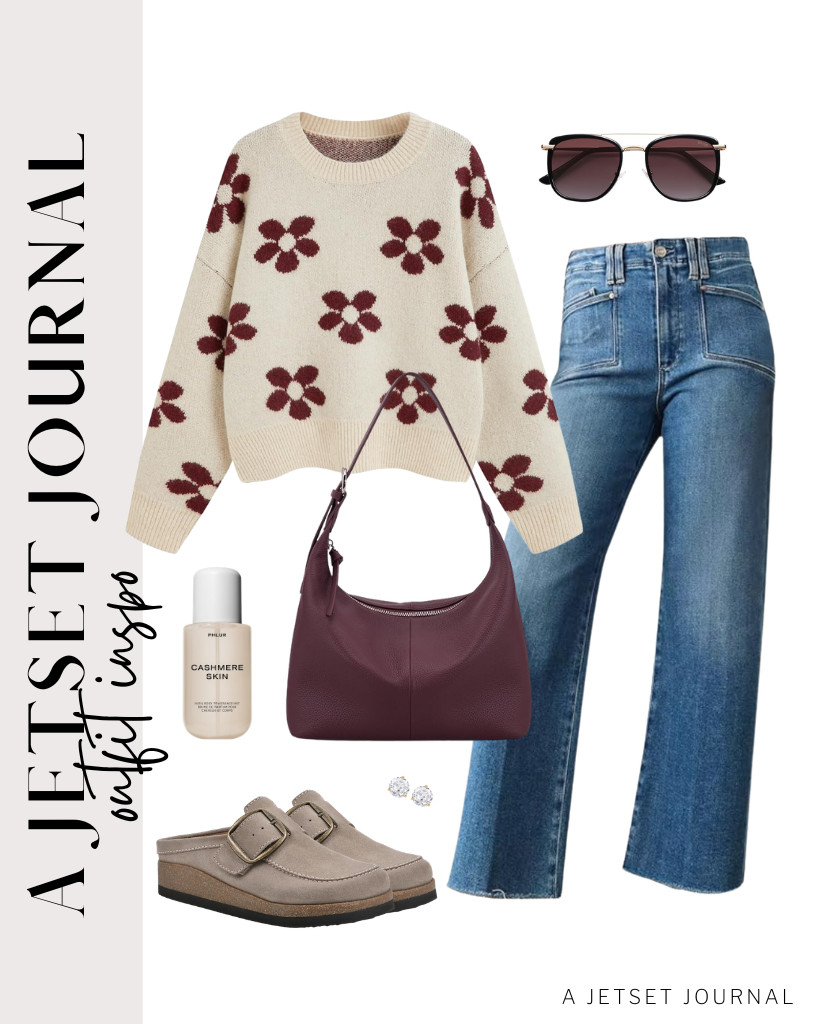 This apricot sweater with brown flowers is also a cute outfit to wear for casual events and travel. Pair it with Astylish wide-leg jeans and White Mountain Bueno mules for a chic fit. You can also use this befen leather slouchy shoulder bag and finish the look with a few sprays of PHLUR Cashmere Skin Body Mist. 

 #LTKSeasonal #LTKSaleAlert #LTKTravel
