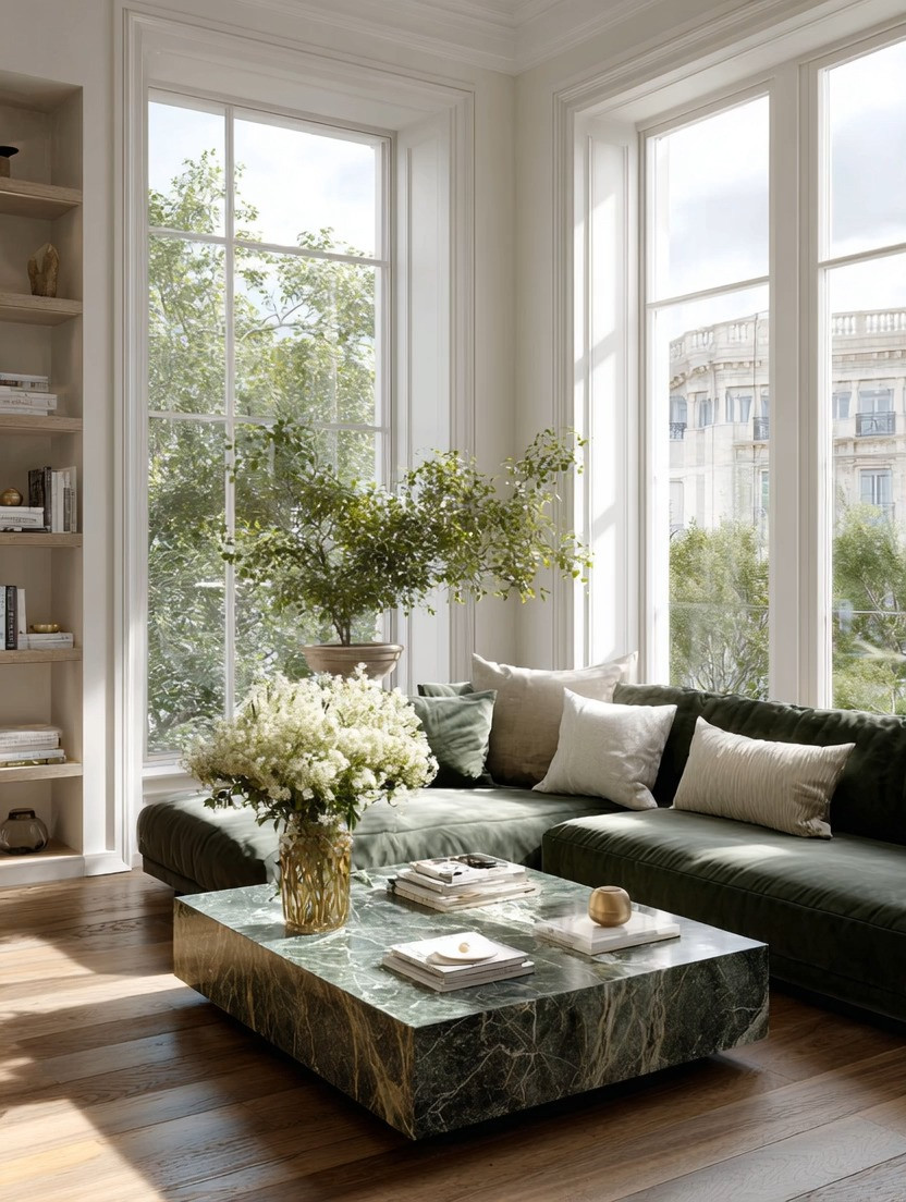 If you live in warmer climates like California, Florida, Arizona, Texas, parts of Australia, the Mediterranean, or anywhere with long sunny days, sage green may be one of the best decor colors for your home.

There is something naturally cooling about green tones. They instantly bring calmness, softness, and balance into a space while visually creating a fresher atmosphere. That is why sage green and deep olive tones are becoming such powerful colors in luxury interiors, especially in warmer climates where homes need to feel airy, grounded, and peaceful.

One of the easiest ways to introduce this look is through a deep green velvet sofa paired with a green-toned marble coffee table. Velvet adds richness and elegance while the marble introduces that cool, refreshing visual texture. Together, the combination feels luxurious but still calming and organic.

And the beauty of green is that it works beautifully with natural wood, ivory walls, warm neutrals, gold accents, black details, and indoor greenery. It layers effortlessly into modern homes while still feeling timeless.

Imagine walking into your home after a hot day outside and immediately feeling visual calmness, coolness, and softness. That is the power of intentional color choices in home decor.

Shop our curated edit of green velvet sofas and green marble coffee tables to create this elevated calming living room look in your home.

#SageGreenDecor #LuxuryLivingRoom #ModernOrganicHome #VelvetSofa #HomeDecorIdeas

#LTKhome