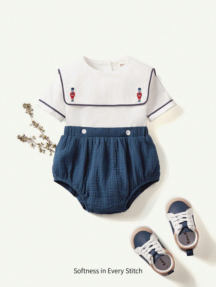 Cozy Pixies Baby Boy Cavalry Pattern Navy Collar Short Sleeve T-Shirt And Shorts Set | SHEIN USA | SHEIN