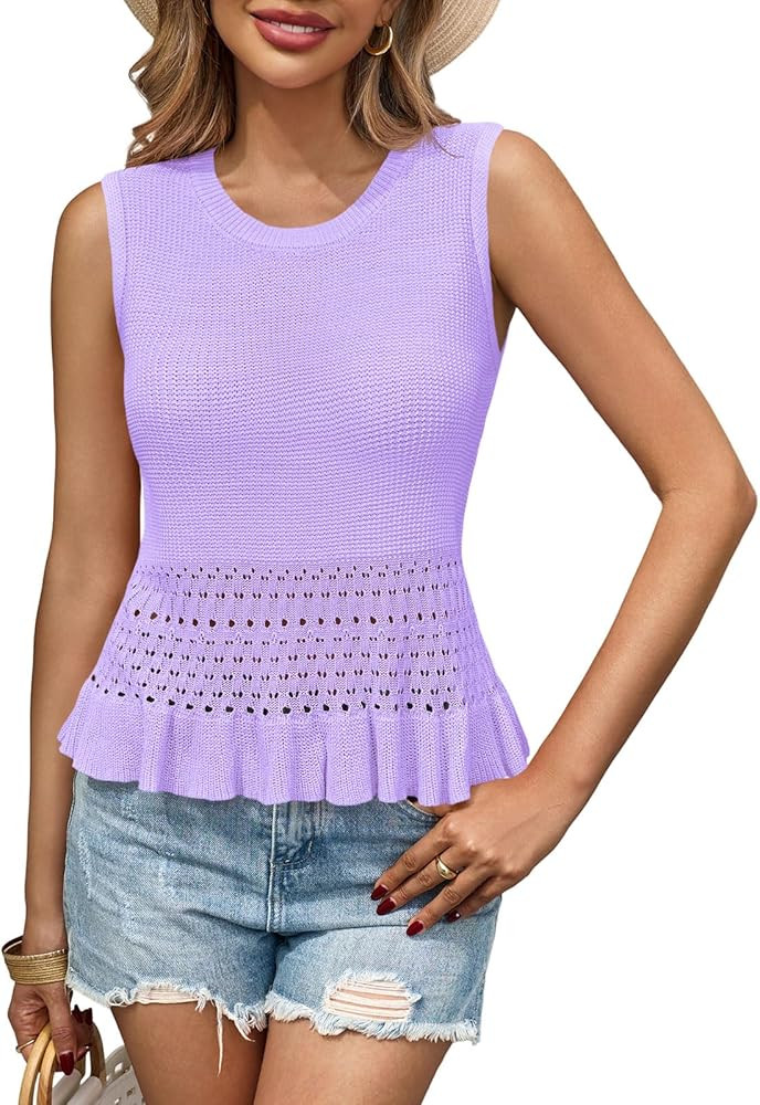 Saodimallsu Womens Crochet Crop Tank Tops Sleeveless Crew Neck Ruffle Summer Boho Knit Sweater Ve... | Amazon (US)